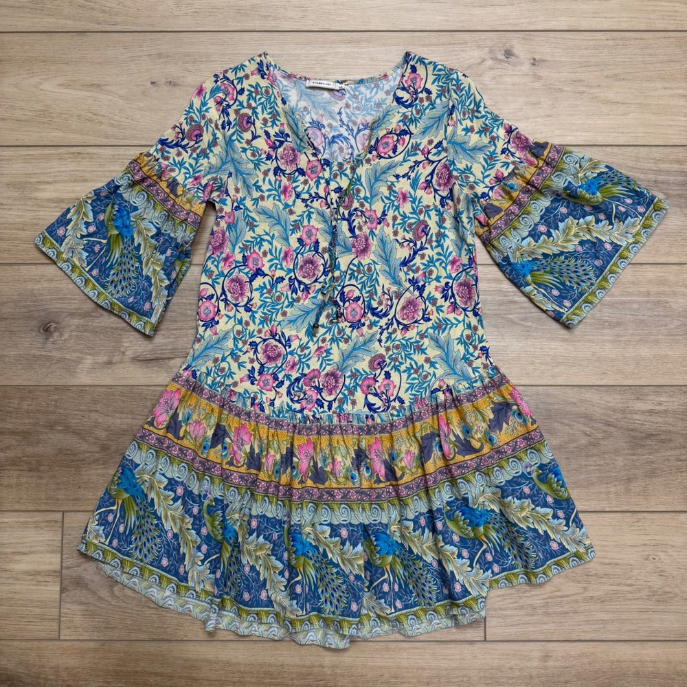Ethan n Joy Womens Boho Floral Peacock Print Tiered Bell Sleeve Mini‎ Dress M